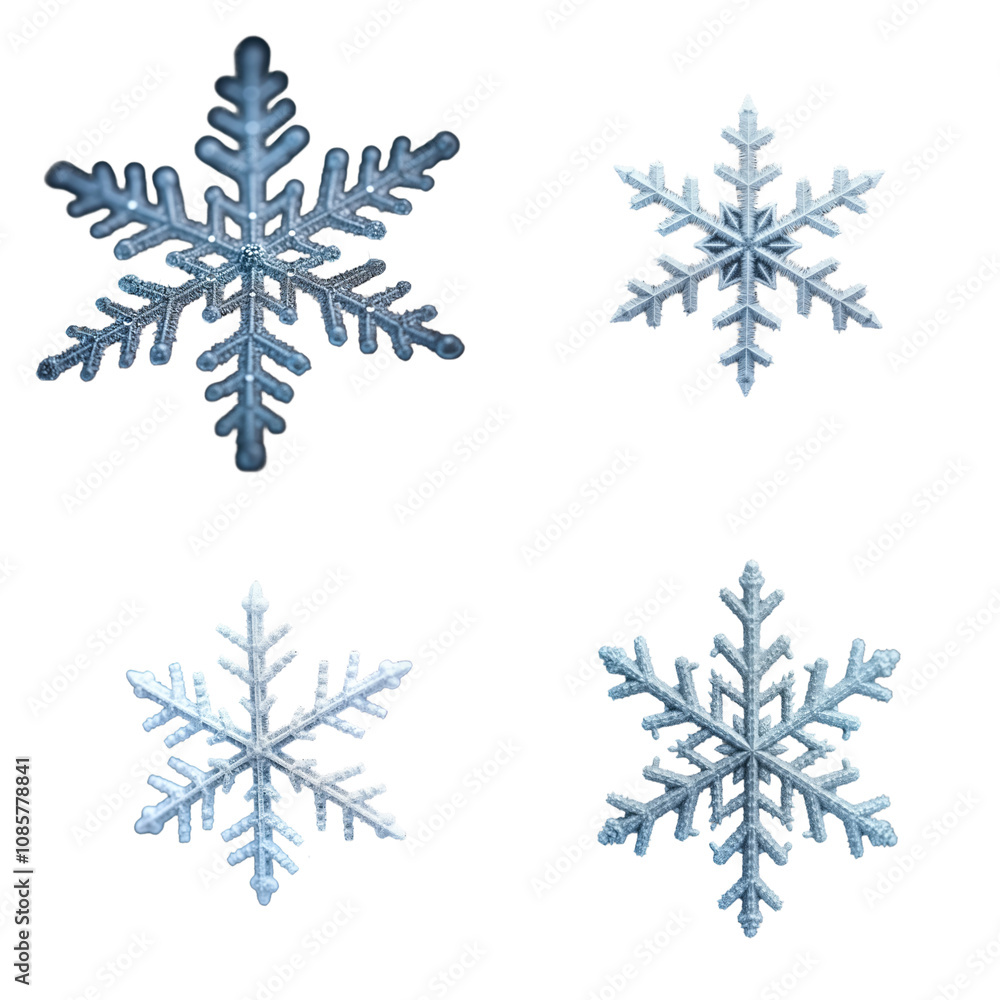 Poster close up of frozen snowflake. detailed macro photo of intricate snowflake patterns on plain isolated