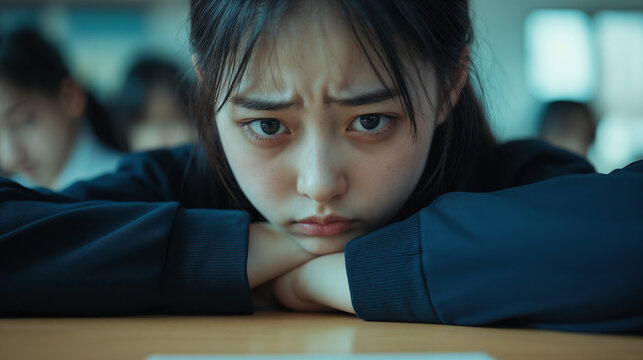 Upset schoolgirl leaning on desk with frustrated expression