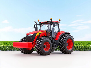 Obraz premium Agricultural Tractor with Field and Blue Sky, Isolated on White Background