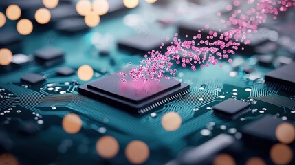 Energy Wave or Pulse: Colorful energy pulses flowing through a circuit board, symbolizing data transfer, electronic communication, and digital technology.