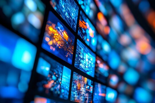 3d rendered wall displaying tv and video content with blurred background and vibrant colors