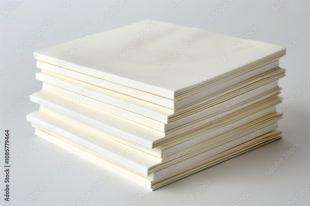 Poster a stack of plain notepads neatly arranged on a white background.