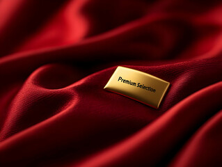 Elegant golden label on luxurious red fabric, representing premium quality and sophistication in lifestyle products.