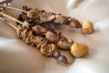 Innards satay on Angkringan, delicious street food in Yogyakarta, Indonesia