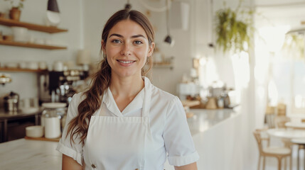 Smiling barista in white apron in bright cozy cafe