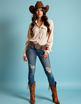 A light blue background, Full length and full frontal photo of a very beautiful cowgirl