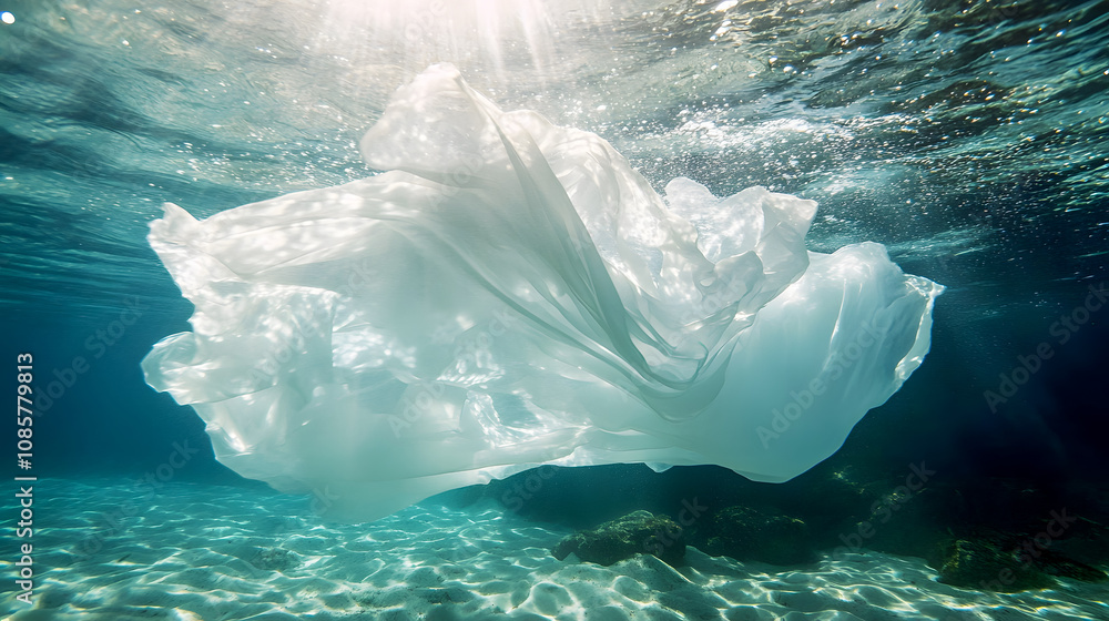 Poster ethereal flowing fabric underwater with sunlight filtering through water surface creating a dreamlik