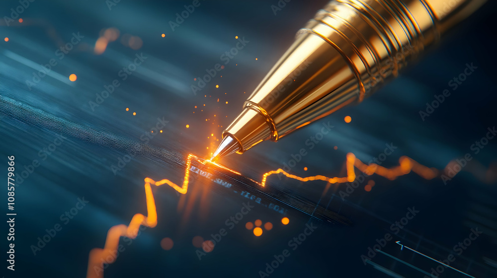 Poster a close-up of a gold pen tracing a fluctuating financial graph on a digital screen, symbolizing inve