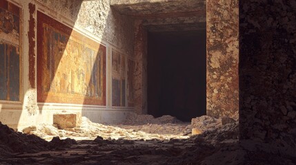 Fototapeta premium Ancient Roman Frescoes: Detailed 3D Render in Ruins with Dramatic Lighting
