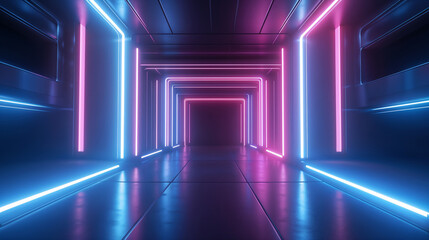 Fototapeta premium Futuristic neon hallway with pink and blue lights