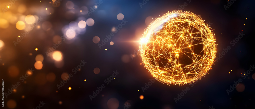 Poster abstract representation of digital connectivity, showcasing a glowing sphere with intricate connecti
