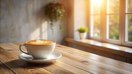 Obraz premium Aromatic Latte Art on Wooden Table by Sunny Window