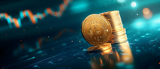 Golden coins stacked with financial charts, symbolizing cryptocurrency investment and economic growth.