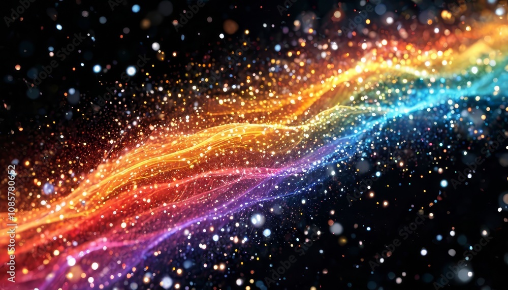 Poster beautiful multi-colored circle particles in flat style flying through the camera. light ray glowing 
