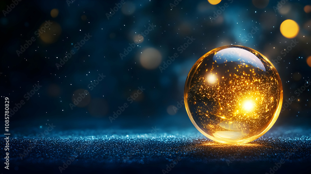 Poster a glowing golden orb reflects light, creating a magical atmosphere with sparkling effects on a dark 