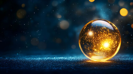 A glowing golden orb reflects light, creating a magical atmosphere with sparkling effects on a dark background.