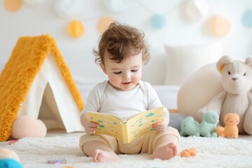 Baby enjoys storytime with older sibling in bright pastel nursery filled with toys on a soft rug