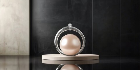 Minimalist Spheres with Metallic Rings, Abstract White and Beige Sculpture on Dark Marble Texture