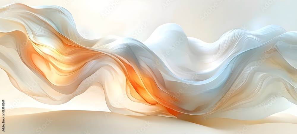 Poster an ethereal, flowing abstract design featuring soft waves of white and warm peach tones, creating a 