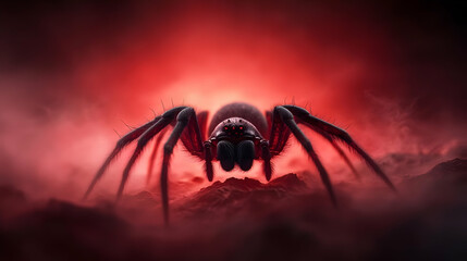 A striking close-up of a spider against a dramatic red background, capturing the essence of arachnophobia and intrigue.