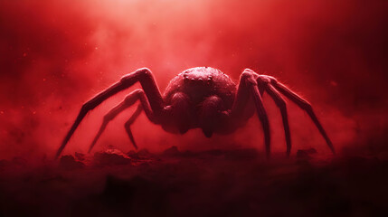 A dramatic close-up of a spider against a red smoky background, highlighting its features and texture.