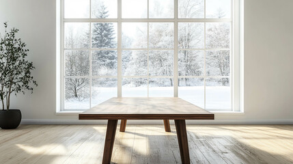 A wooden table in front of a bright window with a winter landscape view