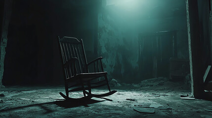 Creepy rocking chair mysteriously moving by itself in a dark, abandoned space at night
