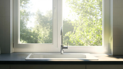 Fototapeta premium A kitchen sink close-up in front of a bright window