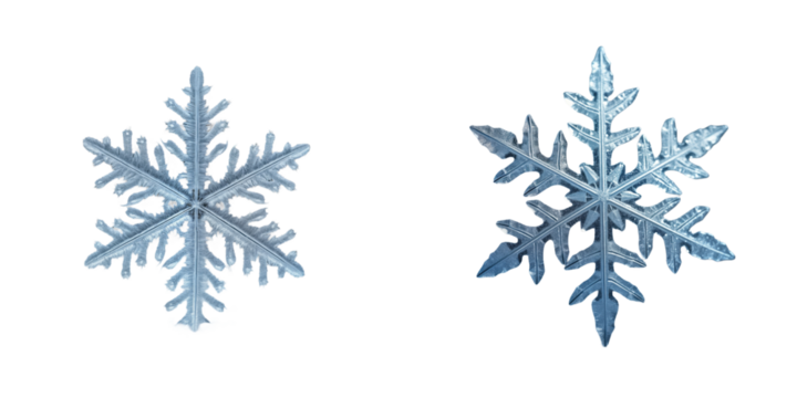 Macro shot of two large frozen snowflakes. Detailed ice crystal structure. Frozen winter scene. Detailed macro image of snowflakes. Winter wonderland. Detailed frosty snowflake. Winter ice crystals.