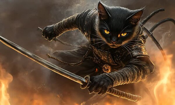 A fierce black cat samurai wielding a katana amidst fire and sparks.