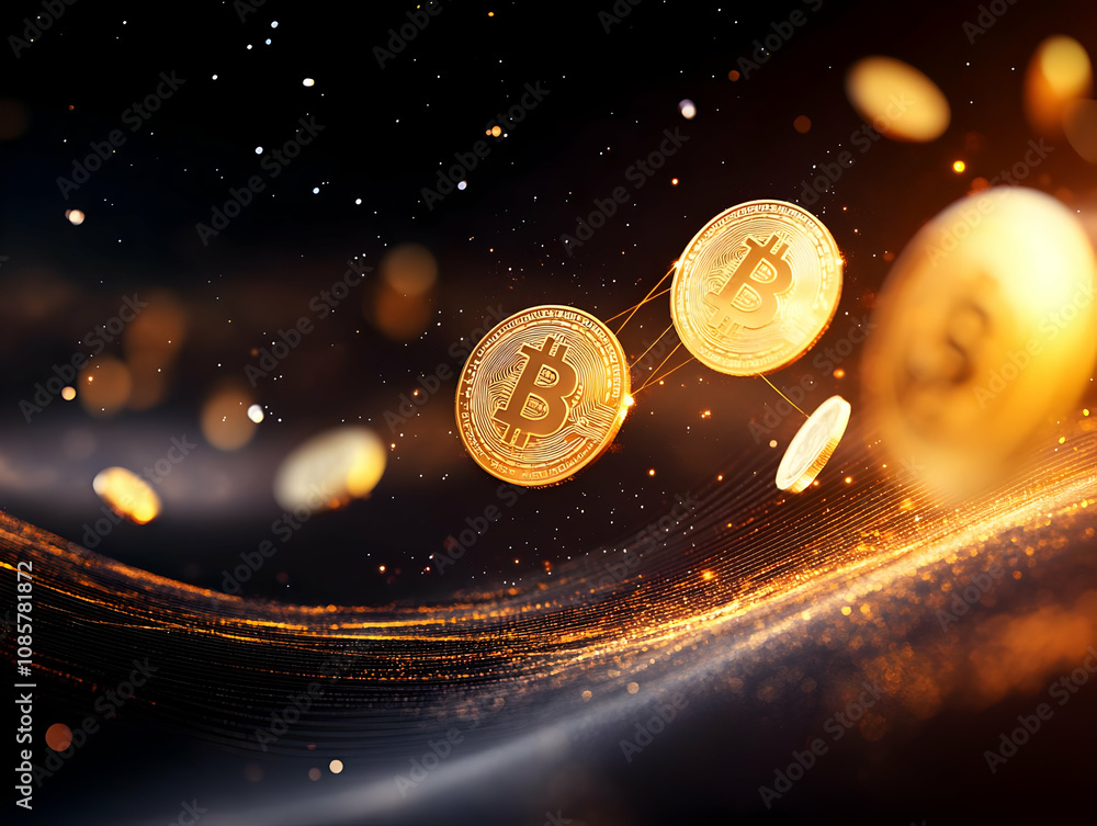 Poster floating bitcoin coins against a dark background represent the future of digital currency and blockc