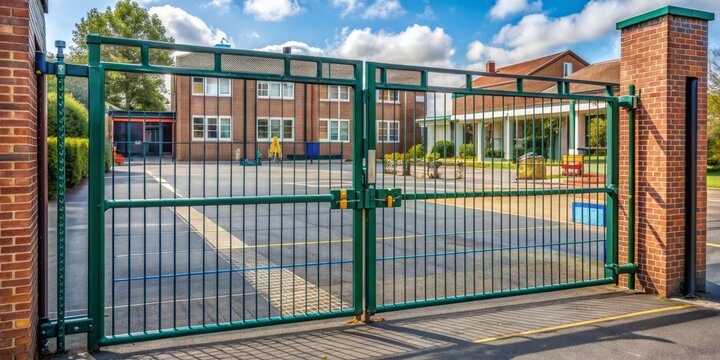 Green Metal Gate with Brick Pillars, Sunny Day, School Yard, School Security, Gate, School Yard, Safety