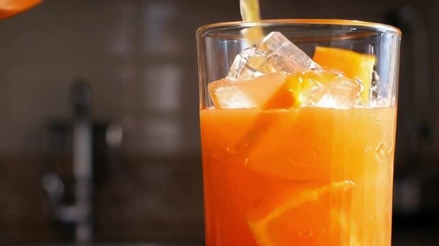 glass of orange juice wits ice cube inside