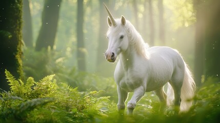 Obraz premium Fantasy and Mythical Creatures: A graceful unicorn with a flowing mane and horn, standing in a magical forest setting.