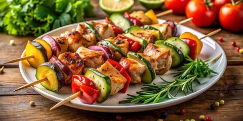 Grilled Chicken and Vegetable Skewers on a White Plate with Rosemary, Chicken Skewers, Grilled Vegetables, Healthy Food
