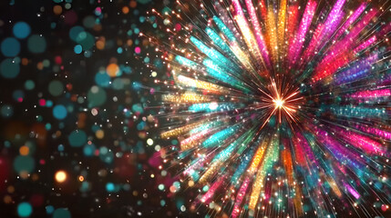 Fireworks. Multi-colored lines form a central explosion, movement. The background is dark, attention is on the spectacular phenomenon. New Year, Independence Day, City Days, a symbol of joy and fun. 