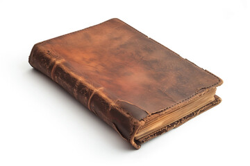 Obraz premium A vintage diary with a textured cover resting at an angle on a clean white backdrop, showing a slightly worn spine.