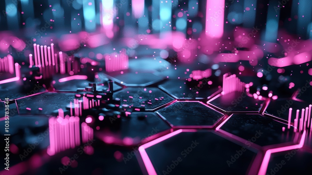 Aufkleber Hexagon Shapes: A holographic interface with hexagonal icons and data displays, representing futuristic user interfaces, virtual reality, and augmented reality.