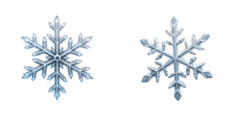 Macro photo of two frozen snowflakes against transparent background. Detailed snowflake shapes. Winter theme. Great for winter holiday seasonal projects. Unique snowflake textures. Perfect for holiday