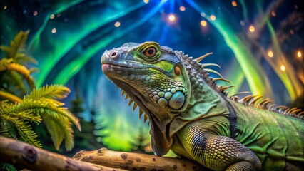 Fototapeta premium Iguana in a Dreamlike Setting, Vivid Green and Blue Tones, Blurred Lights, Reptile, Lizard, Exotic