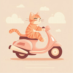 Cartoon Tabby Cat Riding Scooter in Minimal Style