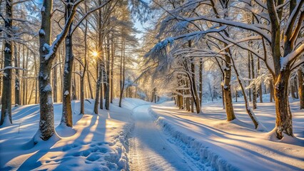 Winter Wonderland Path Sunlit Snow-Covered Trees and a Serene Trail