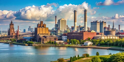 Fototapeta premium Industrial Skyline with River and Lush Greenery, Industrial landscape, River view, Cityscape