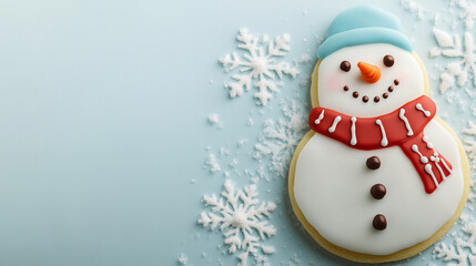 Fototapeta premium Snowman Cookie with Snowflakes on Blue Background