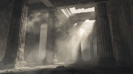 Mystical Ruins of Roman Temple: Enshrouded in Mist with Ethereal Light - 3D Render Digital Artwork