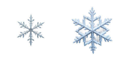 Macro photo shows two frozen snowflakes against alpha layer. Detailed design, structure visible. Frozen beauty of winter. Perfect for winter themes. Nature beauty, winter scenery, cold weather, Png.