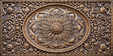 Obraz premium Intricate Carved Wooden Panel with Floral Motifs, Golden Finish, Ornate Design, Arabic Art, Islamic Art, Wood Carving