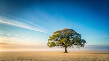 Serene sunrise landscape featuring a solitary tree in a misty field