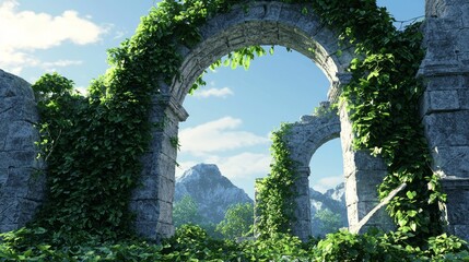 Ancient Roman Ruins: Weathered Stone Archways Embraced by Ivy in Ultra-Detailed 3D Render with Dramatic Lighting