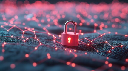 Padlock with Network Nodes: A padlock locking a network connection visualized by glowing lines, symbolizing secure data transfer, encrypted communication, and online privacy.